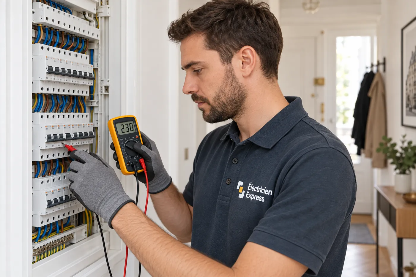 Électricien Électricien Express mesurant au multimètre un tableau électrique lors d'une recherche de panne
